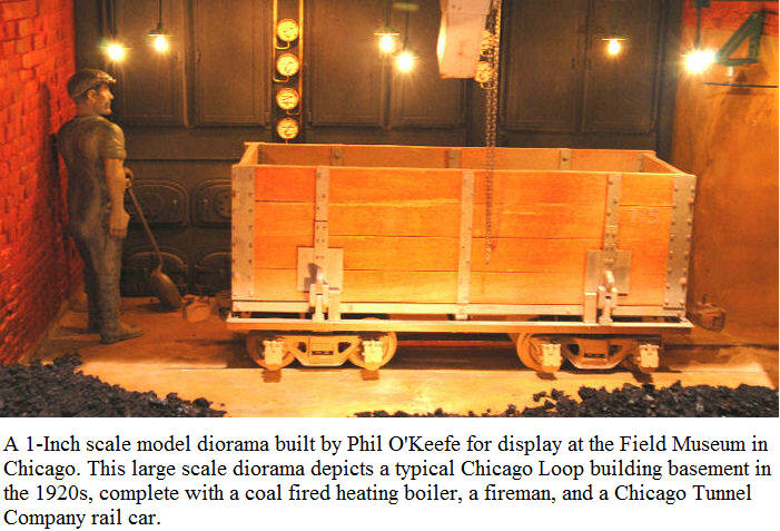 A 1-Inch scale model diorama built by Phil O'Keefe for display at the Field Museum in Chicago.  This large scale diorama depicts a typical Chicago Loop building basement in the 1920s, complete with a coal fired heating boiler, a fireman, and a Chicago Tunnel Company rail car.