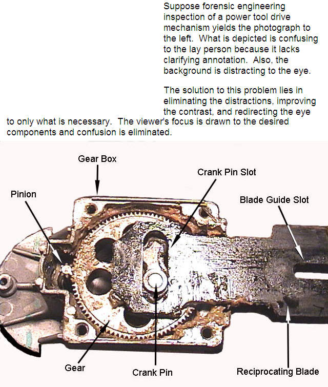 Suppose forensic engineering inspection of a power tool drive mechanism yields the photograph to the left.  What is depicted is confusing to the lay person because it lacks clarifying annotation.  Also, the background is distracting to the eye.  The solution to this problem lies in eliminating the distractions, improving the contrast, and redirecting the eye to only what is necessary.  The viewers focus is drawn to the desired components and confusion is eliminated.